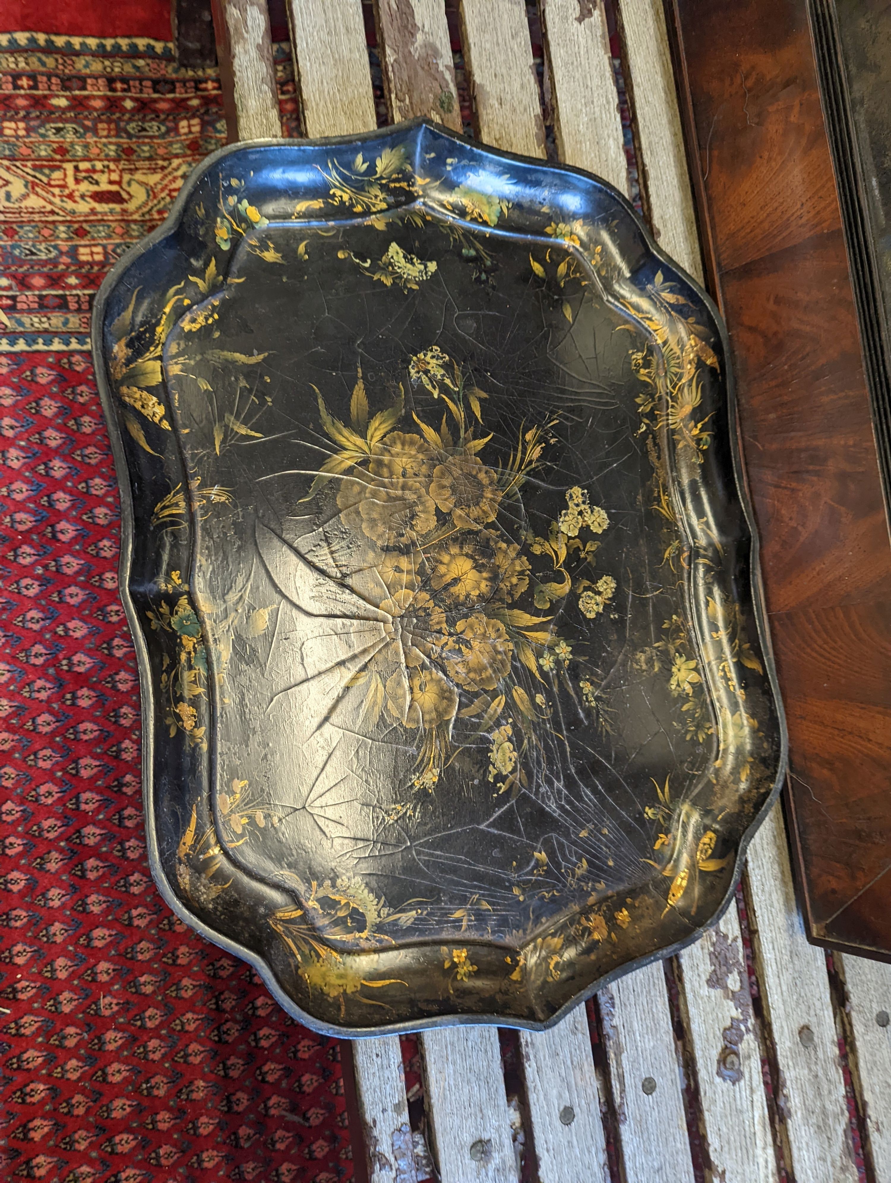 A Victorian papier-mache tray together with a Victorian rectangular mahogany wall mirror, width 82cm, height 57cm